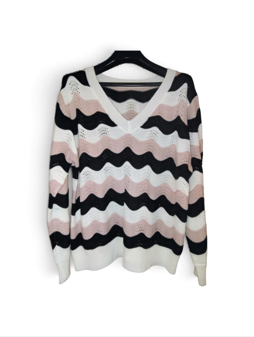 Wave-Stripe V-Neck Sweater - Black, Blush, White